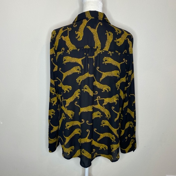 Worthingotn Black/Amber Leopard Print V-Neck Button Up Long Sleeve Blouse Size L - Picture 4 of 13